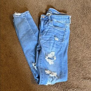 American Eagle Outfitters Women's Light Blue Ripped Skinny Jeans
